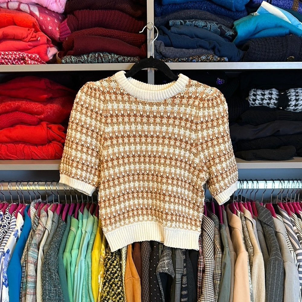 Universal Thread ivory/brown woven short sleeve sweater size S